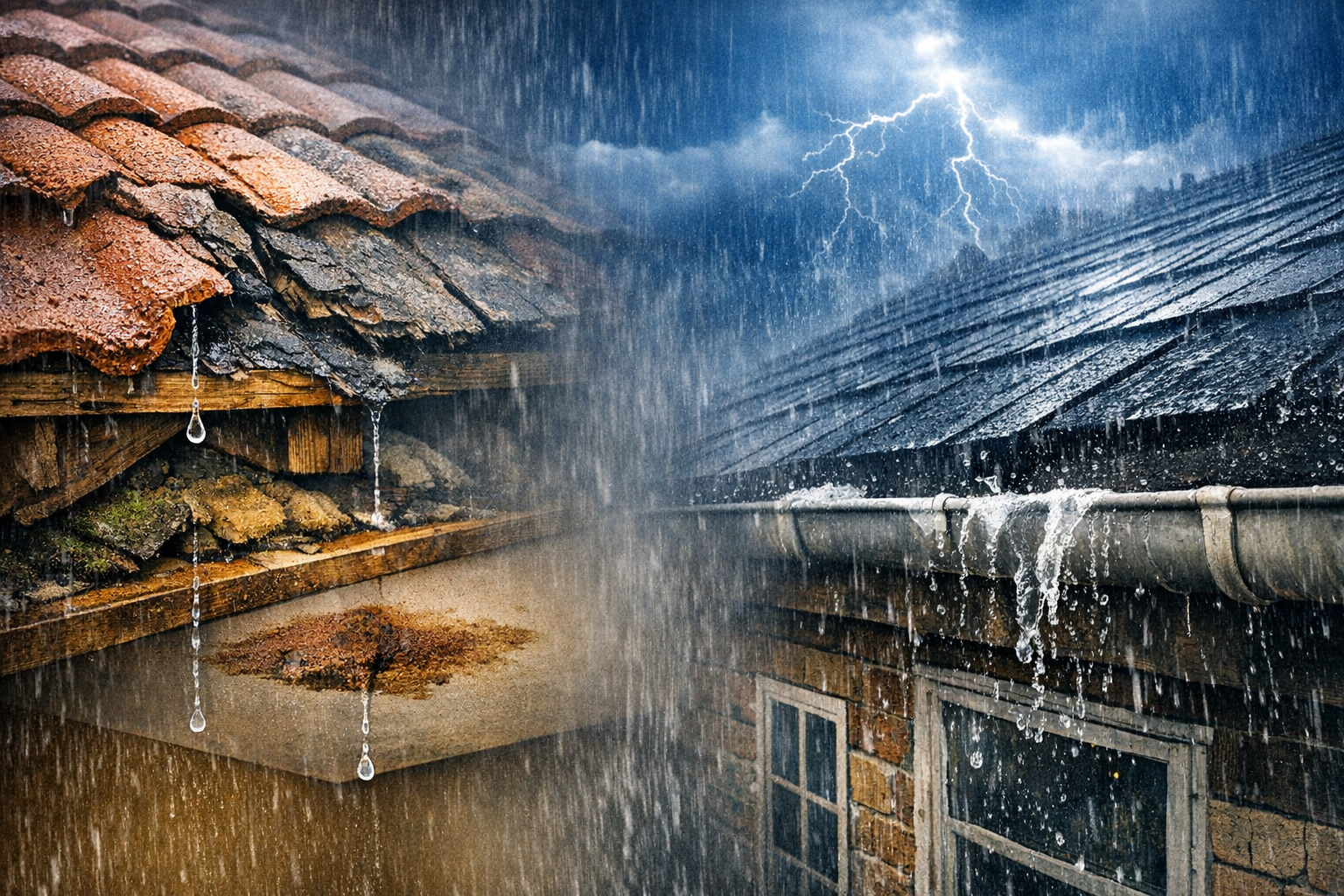 Split view of damaged roof tiles and stormy rain-soaked roof with overflowing gutters and lightning