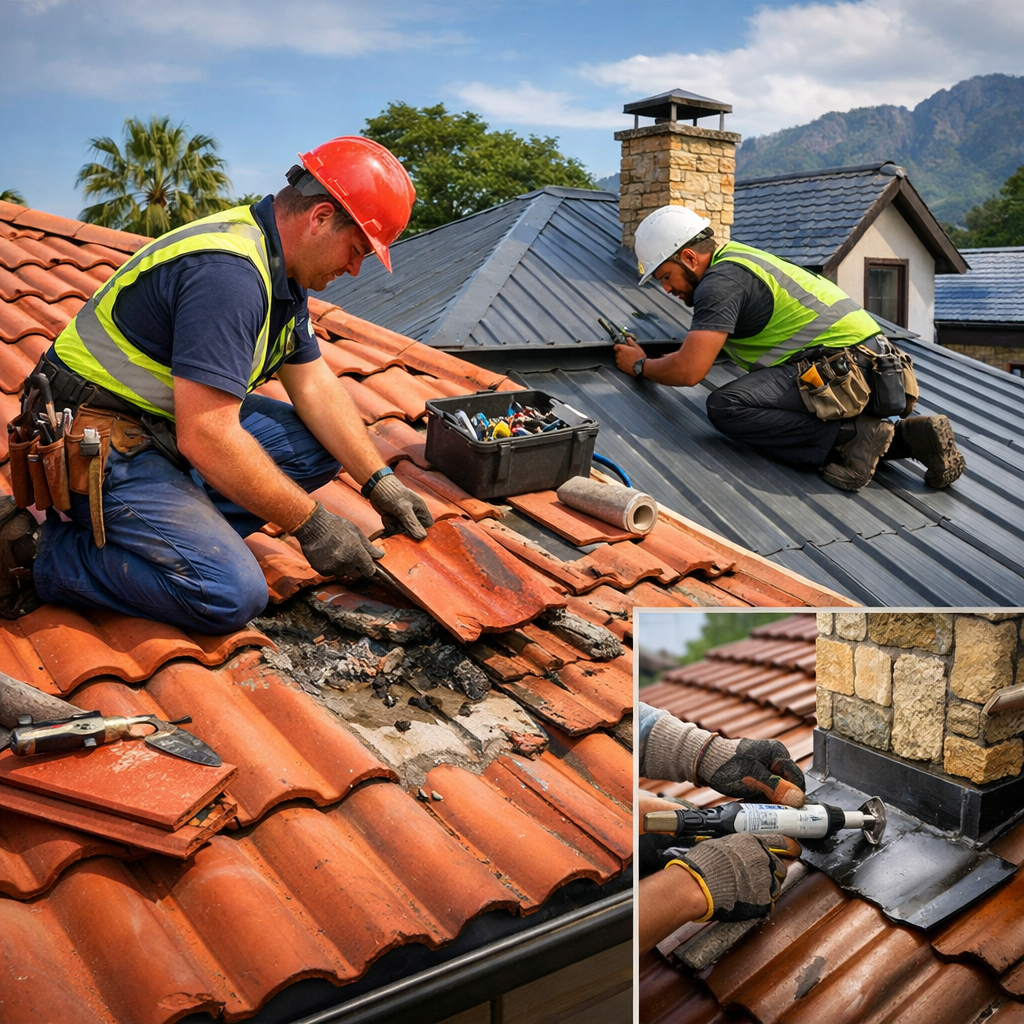 Roofing contractors in South Africa repairing terracotta and metal roofs before winter.