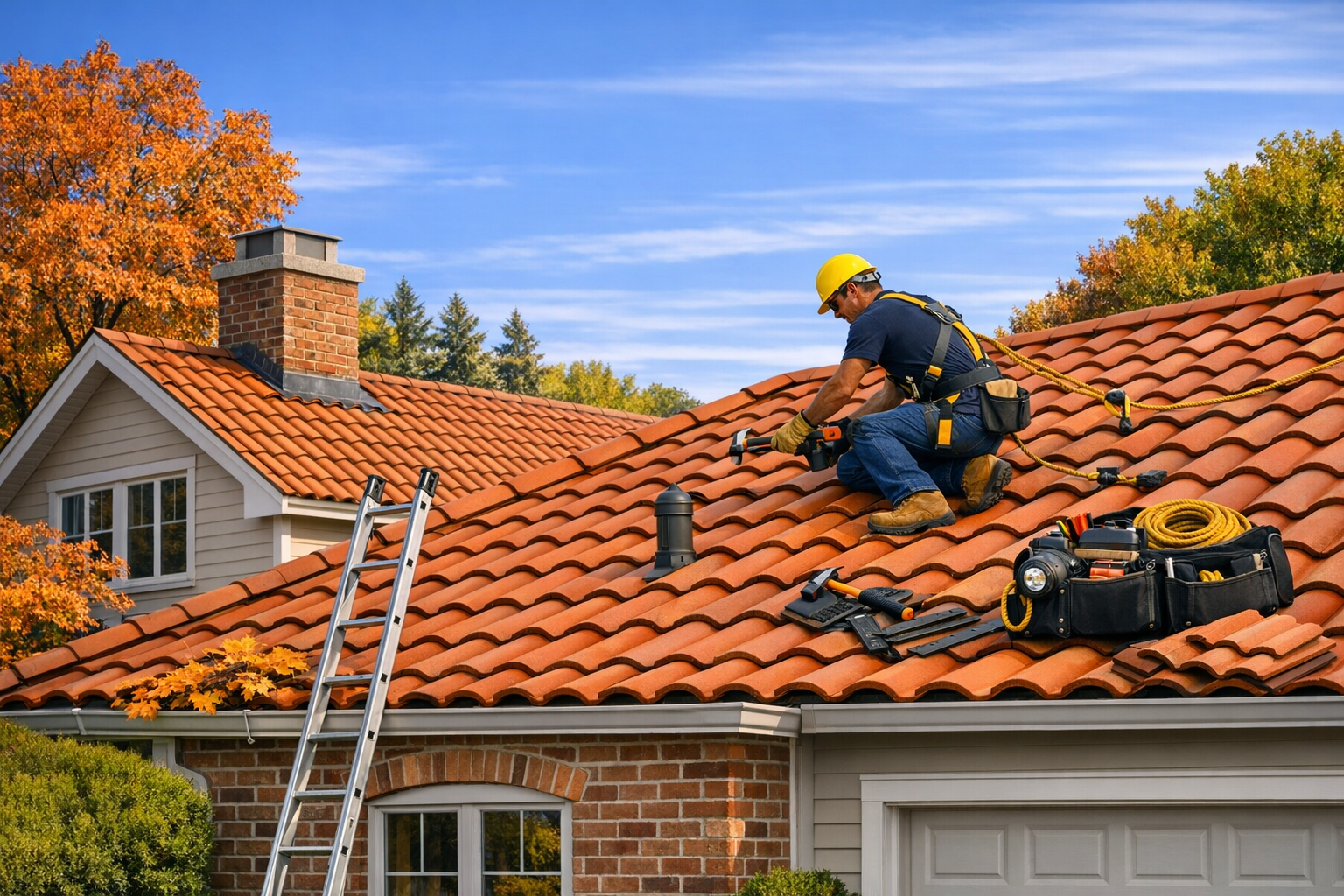 A roofer wearing work gloves inspects asphalt shingles with a hammer beside a gutter filled with autumn leaves, a yellow hard hat, and tools under a clear blue sky.