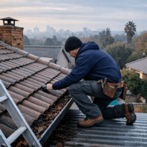 Roofing contractor in Johannesburg inspecting roof tiles and gutters for winter leaks.