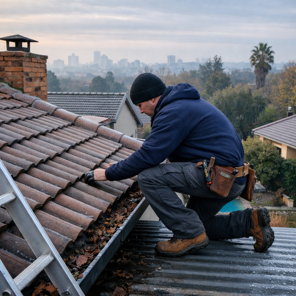 Roofing contractor in Johannesburg inspecting roof tiles and gutters for winter leaks.