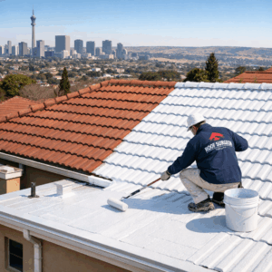 Worker applying white roof coating to a Johannesburg home’s tile roof during the dry winter season, with Roof Surgeon branding visible.