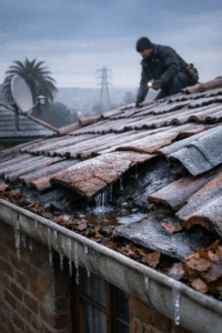 Cold winter morning in Johannesburg showing cracked roof tiles, frost, and a roofer inspecting leaks.